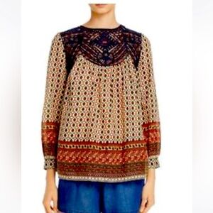 French Connection Brand New Size XS Utility Blue Blouse w/ Lace Boho Cottagecore